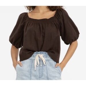 NWT Sanctuary Linen Bland Puff Shoulder Blouse Square Neck Top Brown Small‎ S